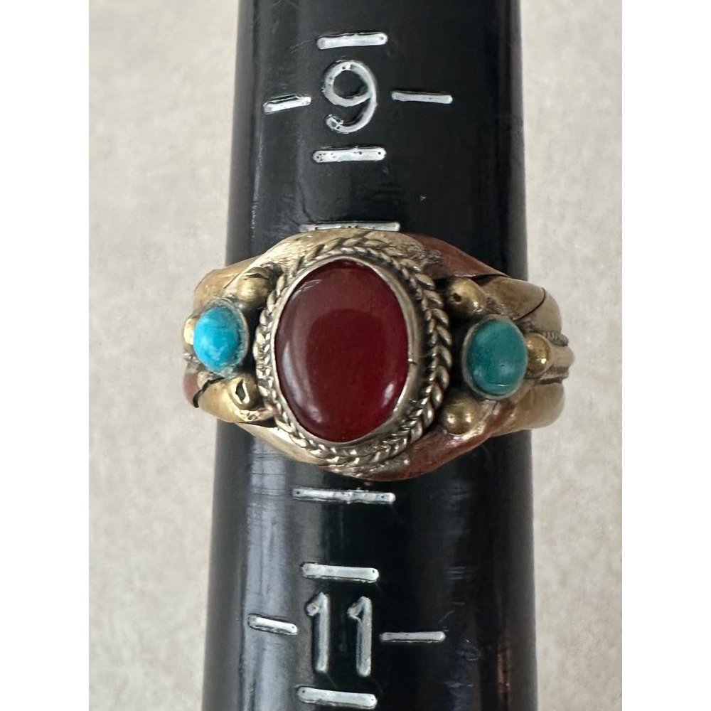 Tibetan twisted mixed metals red carnelian turquoise polished cabochons ring - Picture 2 of 9